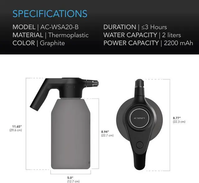 Alt view image 7 of 7 - AC Infinity Automatic Sprayer, 2L Portable Electric Spray Bottle, USB Rechargeable with Adjustable Nozzle Spout for Plants Fertilizing Gardening and Cleaning (Graphite)