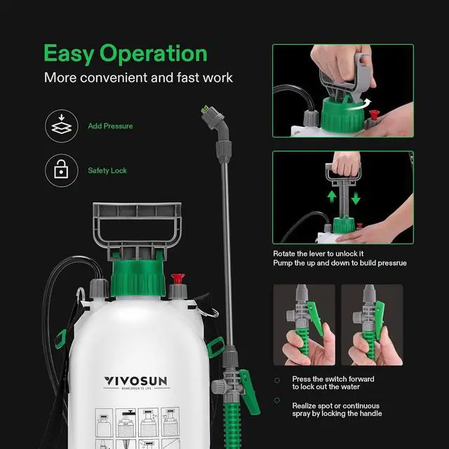 Alt view image 2 of 7 - VIVOSUN 1 Gallon Pump Pressure Sprayer, 4L Pressurized Lawn & Garden Water Spray Bottle with 3 Water Nozzles, Adjustable Shoulder Strap, Pressure Relief Valve, for Plants and Cleaning