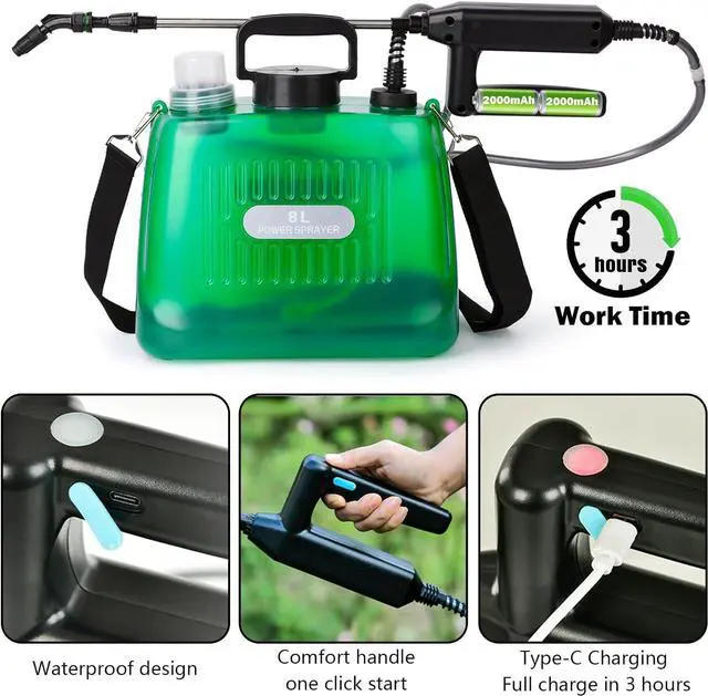 Alt view image 2 of 6 - Ramarmro Battery Powered Sprayer 2 Gallon, Electric Sprayer with 4 Mist Nozzles, USB Rechargeable Handle, 32in telescopic Wand, Garden Sprayer with Adjustable Shoulder Strap for Lawn, Garden, Cleaning
