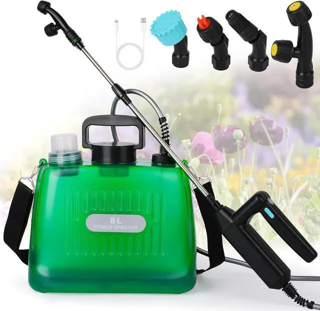 Main image of Ramarmro Battery Powered Sprayer 2 Gallon, Electric Sprayer with 4 Mist Nozzles, USB Rechargeable Handle, 32in telescopic Wand, Garden Sprayer with Adjustable Shoulder Strap for Lawn, Garden, Cleaning