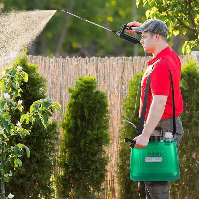 Alt view image 4 of 6 - Ramarmro Battery Powered Sprayer 2 Gallon, Electric Sprayer with 4 Mist Nozzles, USB Rechargeable Handle, 32in telescopic Wand, Garden Sprayer with Adjustable Shoulder Strap for Lawn, Garden, Cleaning