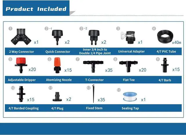 Alt view image 3 of 7 - Drip Irrigation Kit, 132ft/40M Garden Drip Irrigation System, 164PCS Adjustable Automatic Micro Watering System, 1/4 Blank Distribution Tubing Hose Suit for Garden Landscape, Flower Bed Patio, Greenh
