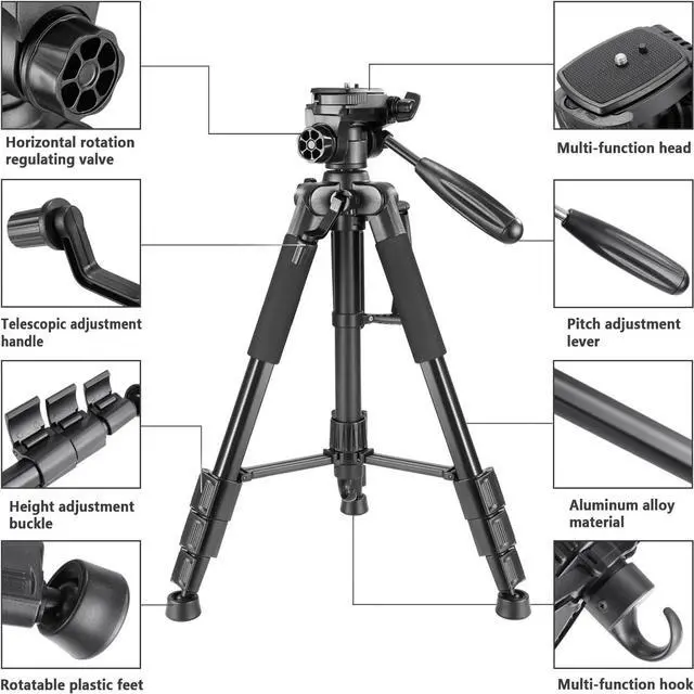 Alt view image 5 of 7 - Neewer Portable 56 inches/142 centimeters Aluminum Camera Tripod with 3-Way Swivel Pan Head,Bag for DSLR Camera,DV Video Camcorder Load up to 8.8 pounds/4 kilograms Black(SAB234)