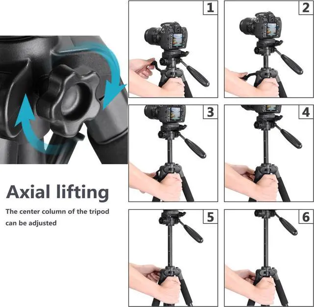 Alt view image 6 of 7 - Neewer Portable 56 inches/142 centimeters Aluminum Camera Tripod with 3-Way Swivel Pan Head,Bag for DSLR Camera,DV Video Camcorder Load up to 8.8 pounds/4 kilograms Black(SAB234)