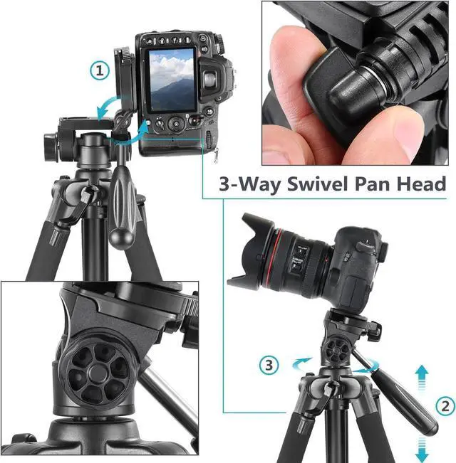 Alt view image 2 of 7 - Neewer Portable 56 inches/142 centimeters Aluminum Camera Tripod with 3-Way Swivel Pan Head,Bag for DSLR Camera,DV Video Camcorder Load up to 8.8 pounds/4 kilograms Black(SAB234)