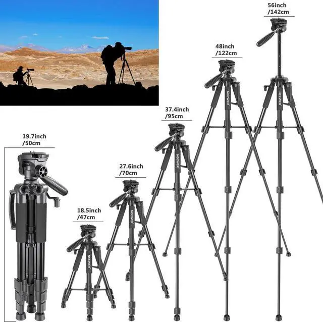 Alt view image 3 of 7 - Neewer Portable 56 inches/142 centimeters Aluminum Camera Tripod with 3-Way Swivel Pan Head,Bag for DSLR Camera,DV Video Camcorder Load up to 8.8 pounds/4 kilograms Black(SAB234)