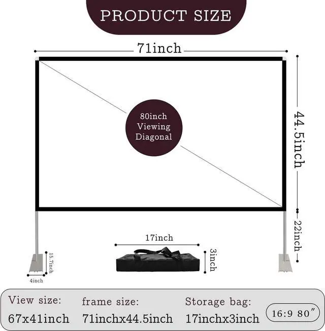 Alt view image 2 of 7 - Outdoor Projector Screen Portable Movie: Screen with Stand 80 inch Outside Easy Setup Home Theater 16:9 Foldable Cinema
