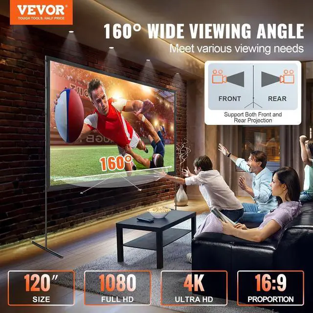 Alt view image 2 of 7 - VEVOR Projector Screen with Stand, 120 inch 16:9 4K 1080 HD Outdoor Movie Screen with Stand, Wrinkle-Free Projection Screen with Bar Feet and Carry Bag, for Home Theater Cinema Backyard Movie Night