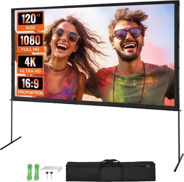 Main image of VEVOR Projector Screen with Stand, 120 inch 16:9 4K 1080 HD Outdoor Movie Screen with Stand, Wrinkle-Free Projection Screen with Bar Feet and Carry Bag, for Home Theater Cinema Backyard Movie Night