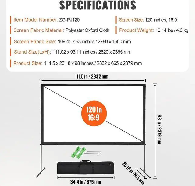 Alt view image 7 of 7 - VEVOR Projector Screen with Stand, 120 inch 16:9 4K 1080 HD Outdoor Movie Screen with Stand, Wrinkle-Free Projection Screen with Bar Feet and Carry Bag, for Home Theater Cinema Backyard Movie Night