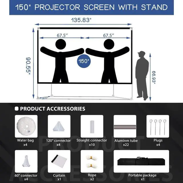 Alt view image 3 of 7 - Projector Screen and Stand 150 inch Large Outdoor Projection Screen 16:9 HD 4K Portable Projection Movie Screen with Carry Bag Foldable Anti Crease Windproof Design for Home Theater Backyard Cinema