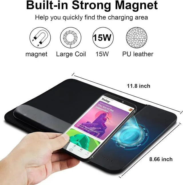 Alt view image 2 of 7 - 15W Wireless Charging Mouse Pad with Wrist Support, Fast Qi Wireless Charger Mouse Mat for iPhone 14/13/12/12 Pro/11/11Pro/XR/Xs/X/8, Samsung Galaxy S10/S9/S8 Plus Note 9/8 Multiple Devices