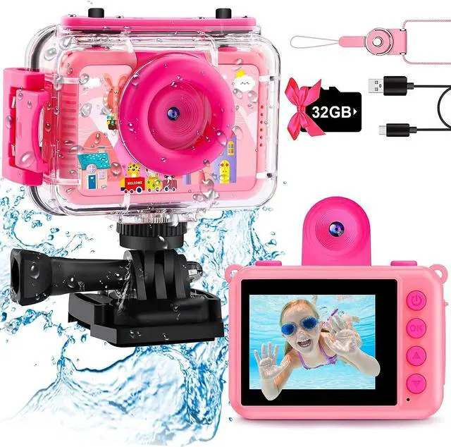 Main image of GKTZ Kids Waterproof Camera - 180 Rotatable 1080P HD Children Digital Action Camera Underwater Camera with 32GB SD Card, Birthday Gift Toys for Girls Age 3-14
