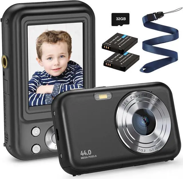 Main image of Digital Camera, FHD 1080P Kids Camera 44MP Point and Shoot Camera 16X Zoom Compact Small Photography Camera for Kids with 32G Card & 2 Batteries Portable Camera Gift for Boys Girls Teens (Black)