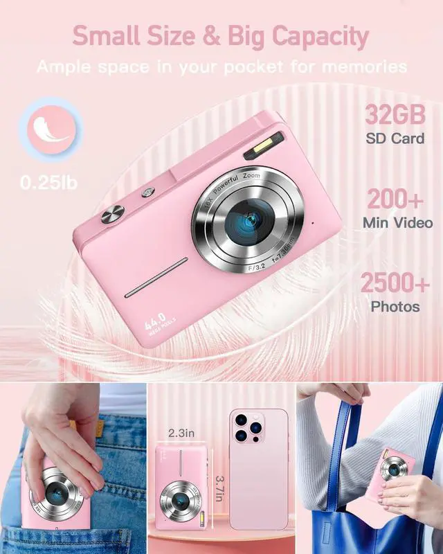 Alt view image 3 of 7 - AiTechny Digital Camera for Kids, 1080P FHD Kids Camera with 32GB SD Card, 44MP Point and Shoot Digital Camera with 16X Zoom, Compact Small Vintage Camera Gifts for Teens Kids Boys Girls (Pink)