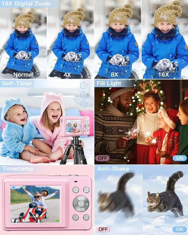 Alt view image 4 of 7 - AiTechny Digital Camera for Kids, 1080P FHD Kids Camera with 32GB SD Card, 44MP Point and Shoot Digital Camera with 16X Zoom, Compact Small Vintage Camera Gifts for Teens Kids Boys Girls (Pink)
