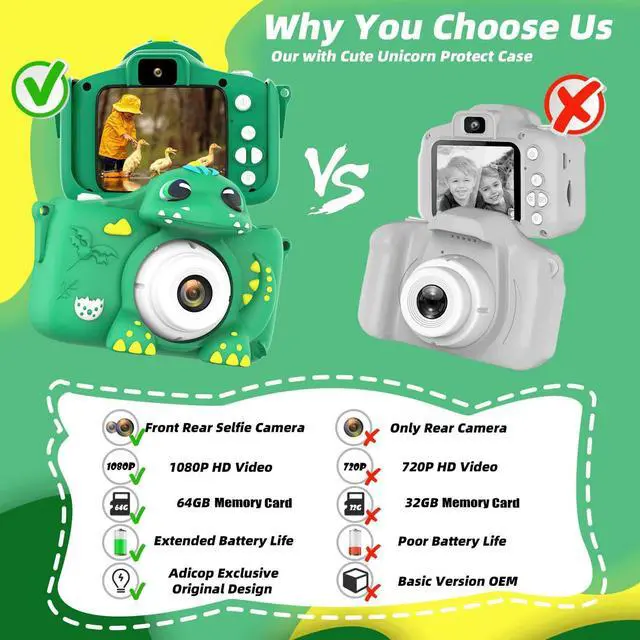 Alt view image 3 of 7 - Kids Camera for Girls Boys Toddlers Childrens Age 3-8 Digital Selfie with 64GB Card for Son Daughter Grandson Granddaughter Christmas Birthday Gifts