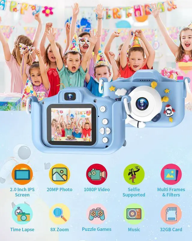 Alt view image 2 of 7 - Kids Camera for Girls Boys, Toddler Camera 1080P HD 2.0 Inch IPS Screen with 32GB Memory Card, Selfie Camera for Kids Digital Camera Birthday Christmas Toys Gifts for Age 3 4 5 6 7 8 Year Old (Blue)