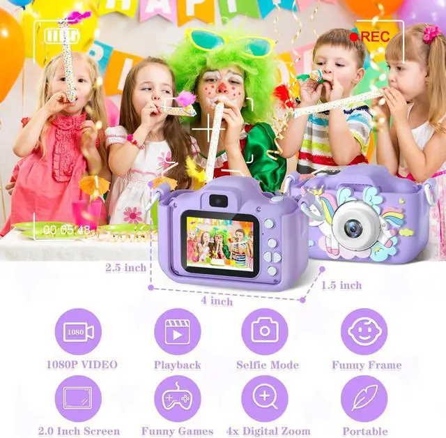Alt view image 2 of 7 - Anesky Kids Camera, Toy Camera for 3 4 5 6 7 8 9 10 11 12 Year Old Girls/Boys, Kids Digital Camera for Toddler with Video, Best Birthday Festival Gift Selfie Camera for Kids with 32GB TF Card - Purple