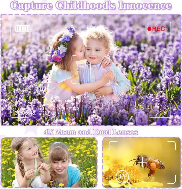 Alt view image 4 of 7 - Anesky Kids Camera, Toy Camera for 3 4 5 6 7 8 9 10 11 12 Year Old Girls/Boys, Kids Digital Camera for Toddler with Video, Best Birthday Festival Gift Selfie Camera for Kids with 32GB TF Card - Purple