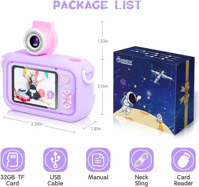 Alt view image 7 of 7 - Kids Camera with 180° Flip-Up Lens, 2.4inch HD IPS Screen Digital Camera for Kids with Unicorn Silicone Case, with 32GB SD Card