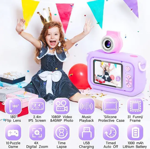 Alt view image 2 of 7 - Kids Camera with 180° Flip-Up Lens, 2.4inch HD IPS Screen Digital Camera for Kids with Unicorn Silicone Case, with 32GB SD Card