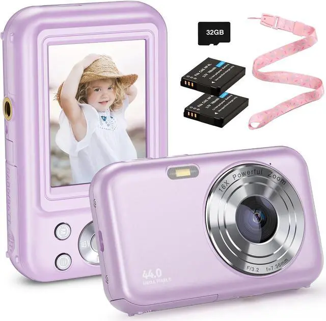 Main image of Digital Camera, FHD 1080P Kids Camera 44MP Point and Shoot Camera 16X Zoom Compact Small Camera for Kids with 32G Card & 2 Batteries Portable Camera Gift for Girls Boys Students Teens (Purple)