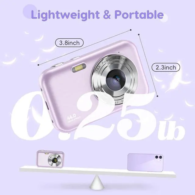 Alt view image 6 of 6 - Digital Camera, FHD 1080P Kids Camera 44MP Point and Shoot Camera 16X Zoom Compact Small Camera for Kids with 32G Card & 2 Batteries Portable Camera Gift for Girls Boys Students Teens (Purple)