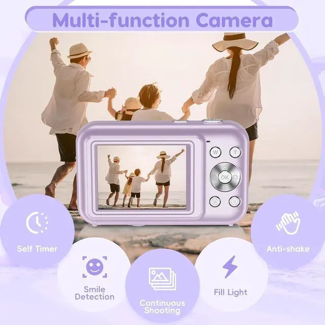 Alt view image 2 of 6 - Digital Camera, FHD 1080P Kids Camera 44MP Point and Shoot Camera 16X Zoom Compact Small Camera for Kids with 32G Card & 2 Batteries Portable Camera Gift for Girls Boys Students Teens (Purple)