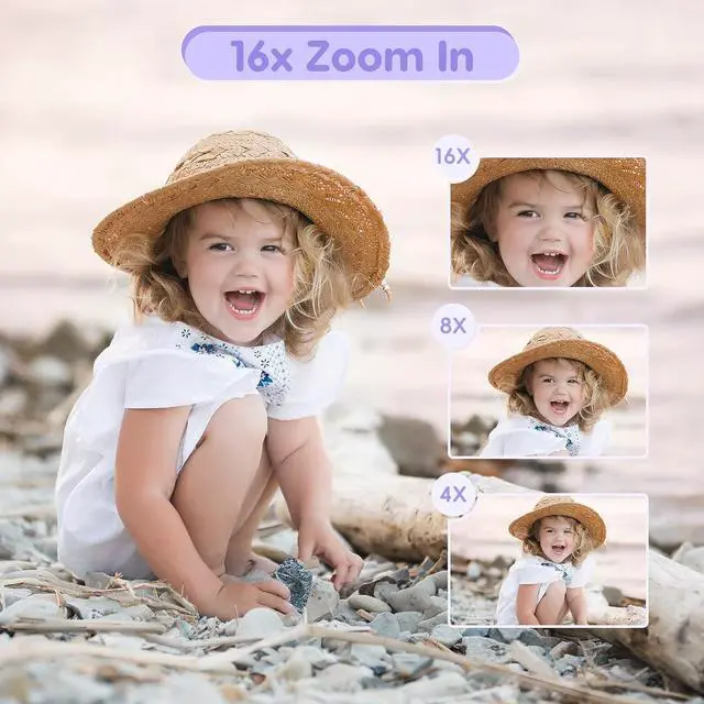 Alt view image 4 of 6 - Digital Camera, FHD 1080P Kids Camera 44MP Point and Shoot Camera 16X Zoom Compact Small Camera for Kids with 32G Card & 2 Batteries Portable Camera Gift for Girls Boys Students Teens (Purple)