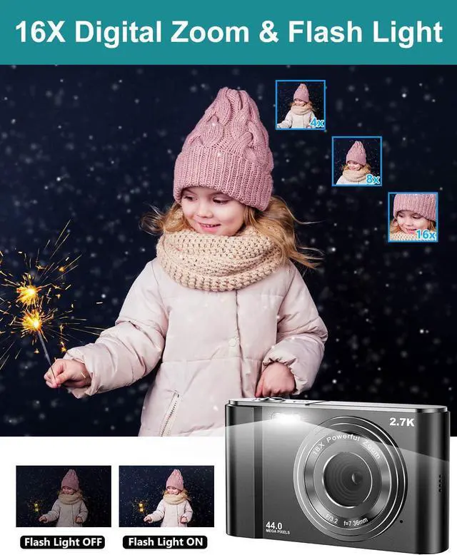 Alt view image 2 of 6 - Digital Camera 2.7K Ultra HD Mini Camera 44MP 2.8 Inch LCD Screen Rechargeable Students, Compact Pocket Camera with 16X Digital Zoom YouTube Vlogging Camera for Kids,Adult,Beginners(Black)