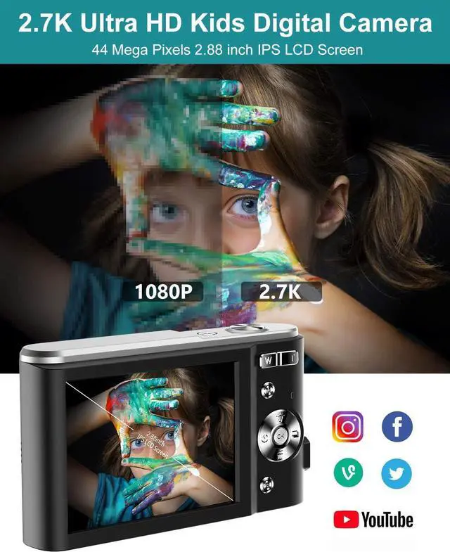 Alt view image 3 of 6 - Digital Camera 2.7K Ultra HD Mini Camera 44MP 2.8 Inch LCD Screen Rechargeable Students, Compact Pocket Camera with 16X Digital Zoom YouTube Vlogging Camera for Kids,Adult,Beginners(Black)