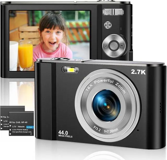 Main image of Digital Camera 2.7K Ultra HD Mini Camera 44MP 2.8 Inch LCD Screen Rechargeable Students, Compact Pocket Camera with 16X Digital Zoom YouTube Vlogging Camera for Kids,Adult,Beginners(Black)