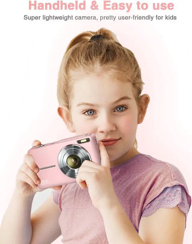 Alt view image 2 of 7 - Lecran Digital Camera, FHD 1080P Kids Camera with 32GB Card, 2 Batteries, Lanyard, 16X Zoom Anti Shake, 44MP Compact Portable Small Point Shoot Camera Gift for Kid Student Children Teen Girl Boy(Pink)