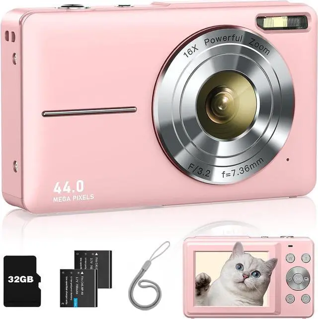 Main image of Lecran Digital Camera, FHD 1080P Kids Camera with 32GB Card, 2 Batteries, Lanyard, 16X Zoom Anti Shake, 44MP Compact Portable Small Point Shoot Camera Gift for Kid Student Children Teen Girl Boy(Pink)