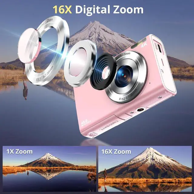 Alt view image 2 of 7 - Digital Camera, FHD 4K Autofocus Vlogging Camera 48MP Digital Point and Shoot Camera with 16X Zoom 32GB Memory Card YouTube Portable Compact Small Camera for Teens Adult Beginner Kids