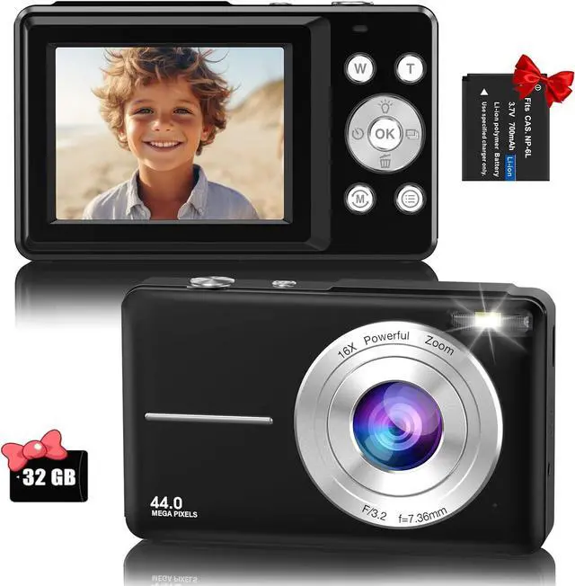 Main image of Digital Camera, FHD 1080P Digital Camera for Kids with 32GB Card, 16X Zoom, Flashlight, 44MP Compact Point and Shoot Cameras Portable Small Digital Camera for Teens, Students, Boys Girls