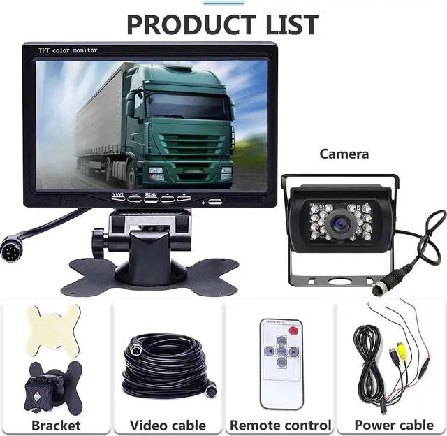 Alt view image 4 of 7 - Rear View Waterproof 18 IR LED Night Vision Car Reversing Backup Camera Kits 7" TFT LCD Monitor Vehicle Parking Assistance System for RV/Bus/Trailer/Truck/Caravan with 33ft Aviation Extension Cable