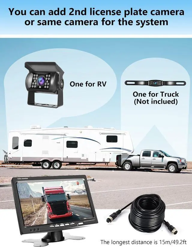 Alt view image 5 of 7 - RV Backup Camera and Monitor Kit,podofo 7 inch HD LCD Car Monitor and Waterproof Night Vision Rear View Camera for Car/RV/Truck/Trailer/Pickup/Van/Bus/Camper(with Aviation Connector Video Cable 15m/49