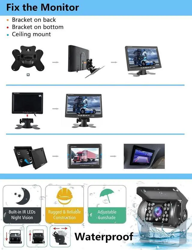 Alt view image 4 of 7 - RV Backup Camera and Monitor Kit,podofo 7 inch HD LCD Car Monitor and Waterproof Night Vision Rear View Camera for Car/RV/Truck/Trailer/Pickup/Van/Bus/Camper(with Aviation Connector Video Cable 15m/49