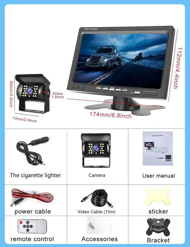 Alt view image 7 of 7 - RV Backup Camera and Monitor Kit,podofo 7 inch HD LCD Car Monitor and Waterproof Night Vision Rear View Camera for Car/RV/Truck/Trailer/Pickup/Van/Bus/Camper(with Aviation Connector Video Cable 15m/49