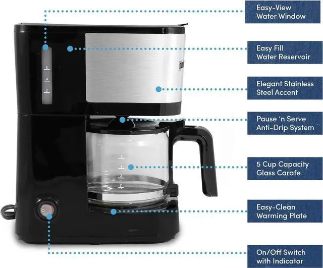 Alt view image 2 of 7 - Elite Gourmet Automatic Brew & Drip Coffee Maker, with PaCae N Serve, ReCaable Filter, On/Off Switch, Water Level Indicator, 5-Cup, Stainless Steel, EHC9420