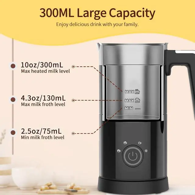 Alt view image 6 of 7 - 4 in 1 Milk Frother: Electric Milk Foamer with Cold & Hot Froth for Latte Cappuccino - Automatic Coffee Foam Maker 350 ml/10 oz Instant Milk Chocolate Steamer Heater