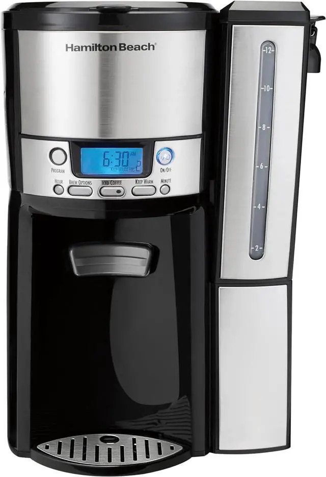 Main image of Hamilton Beach One Press Programmable Dispensing Drip Coffee Maker with 12 Cup Internal Brew Pot, Water Reservoir, Black and Stainless Steel (47950)