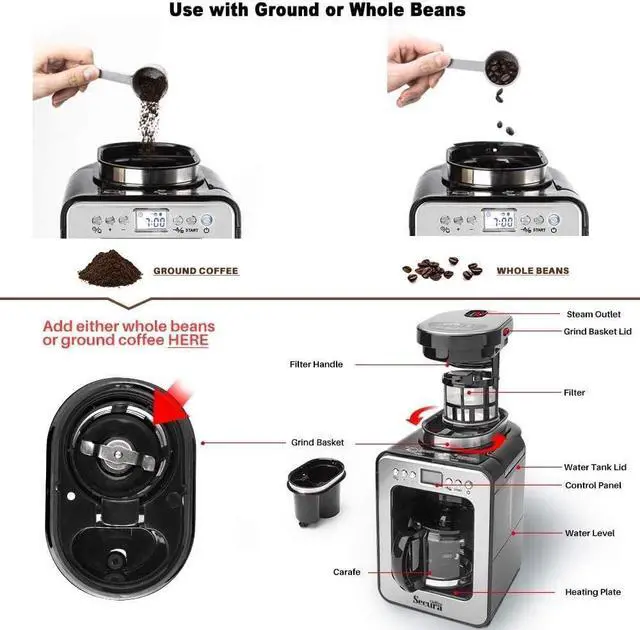 Alt view image 4 of 5 - Secura Coffee Automatic Coffee Maker with Grinder, Programmable Grind and Brew Coffee Machine for use with Ground or Whole Beans, 17 oz Glass Carafe, Black (CM6686AT)