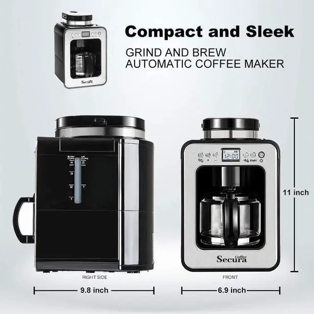 Alt view image 3 of 5 - Secura Coffee Automatic Coffee Maker with Grinder, Programmable Grind and Brew Coffee Machine for use with Ground or Whole Beans, 17 oz Glass Carafe, Black (CM6686AT)
