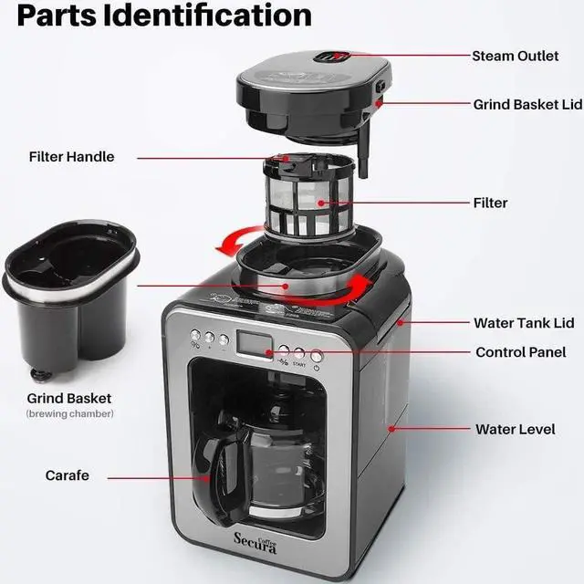 Alt view image 5 of 5 - Secura Coffee Automatic Coffee Maker with Grinder, Programmable Grind and Brew Coffee Machine for use with Ground or Whole Beans, 17 oz Glass Carafe, Black (CM6686AT)