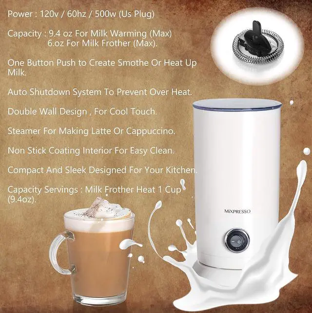 Alt view image 5 of 7 - Mixpresso Electric Milk Frother - Latte Art Steamer, Electric Cappuccino Machine and Milk Warmer, Hot and Cold Foam Maker and Milk Warmer for Latte, Cappuccinos, Macchiato, Hot Chocolate Milk