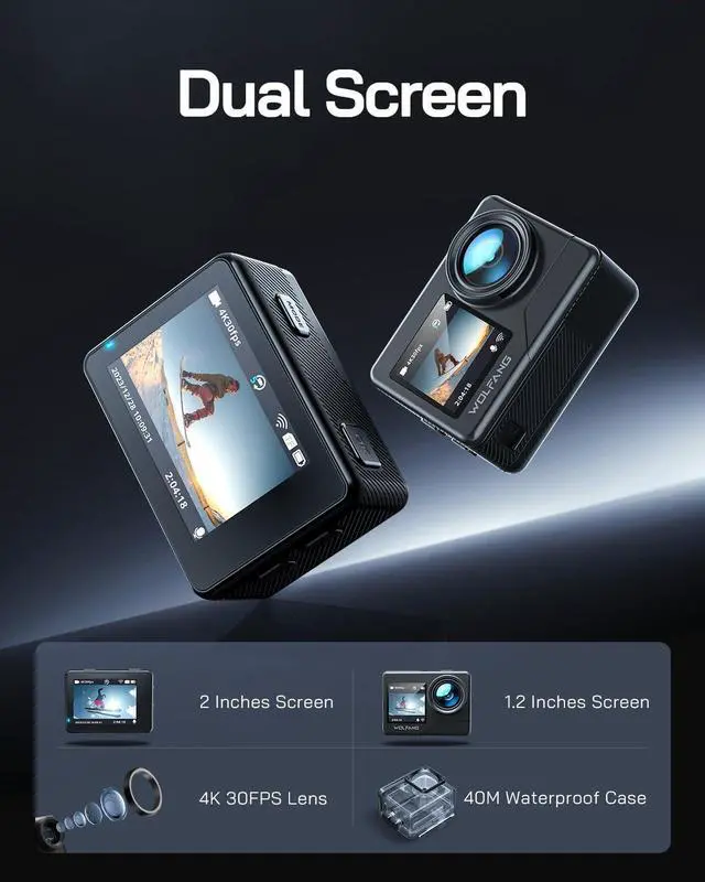 Alt view image 6 of 7 - WOLFANG Action Camera 4K 20MP WiFi GA120, 40M Waterproof Underwater Camera for Snorkeling, 170° Wide Angle Dual Screen Vlogging Camera with EIS, External Microphone, Remote Control