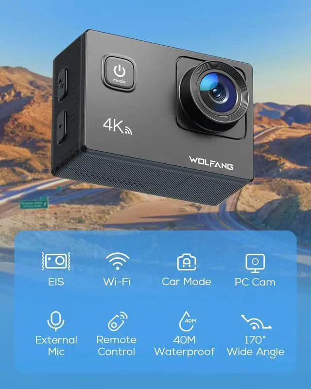 Alt view image 3 of 7 - WOLFANG GA100 Action Camera 4K 20MP Waterproof 40M Underwater Camera EIS Stabilization WiFi 170° Wide Angle Helmet Camera (External Microphone, Remote Control, 2 Batteries and Accessory Kit)
